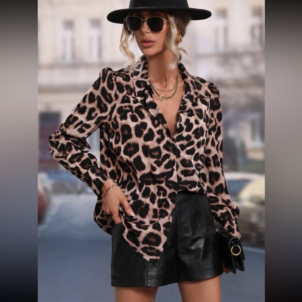 SHEIN Lune leopard print puff sleeve shirt